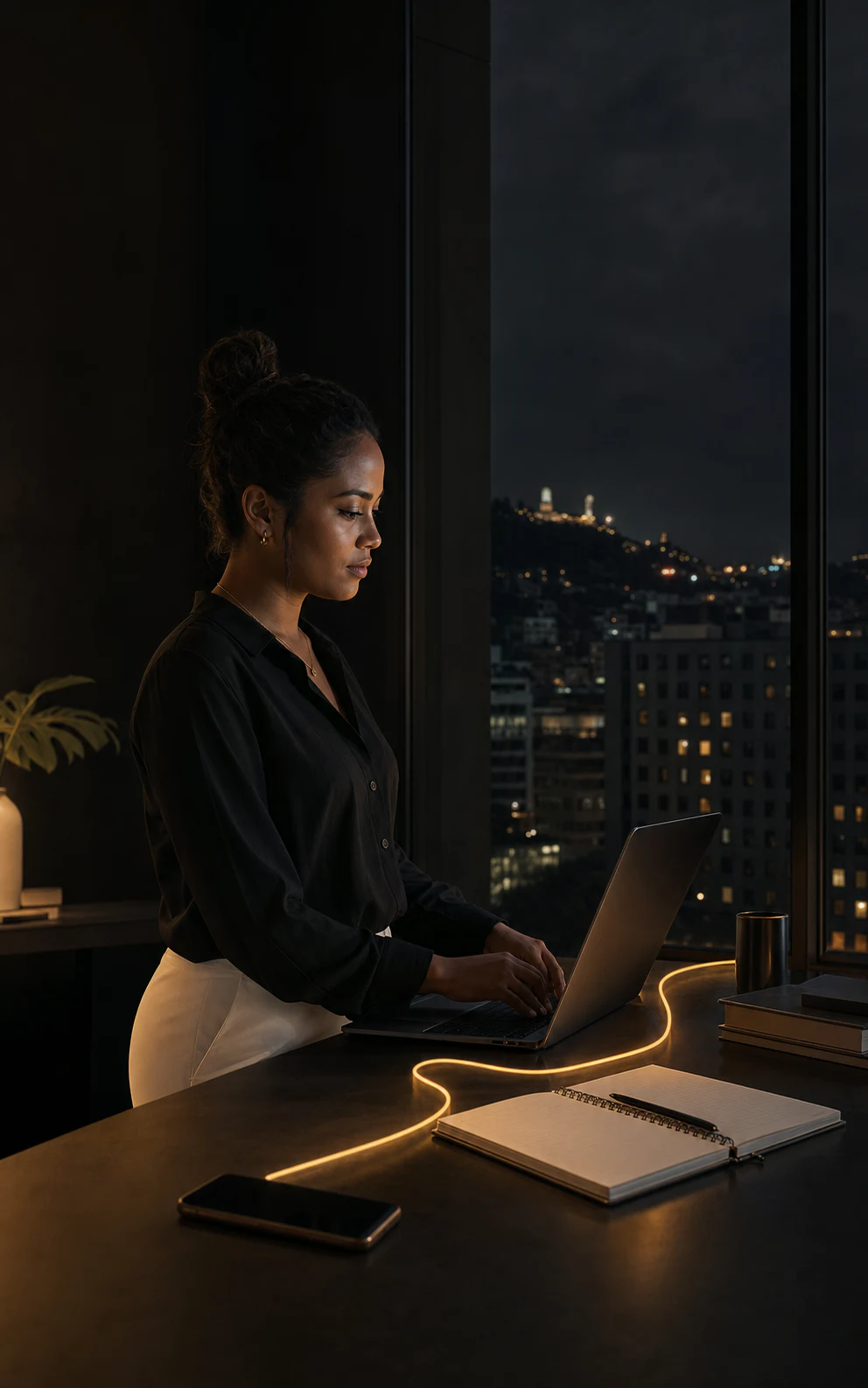 Entrepreneure à Antananarivo travaillant pendant qu'un flux Automatium relie ses outils