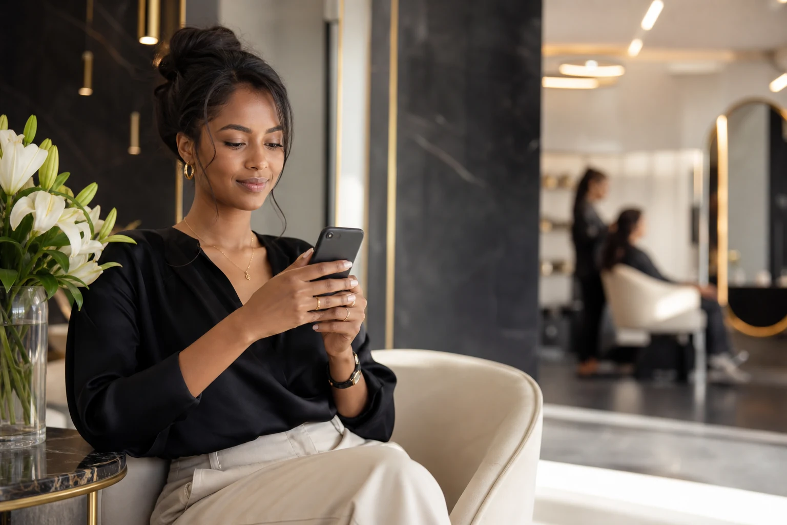 Cliente réservant son rendez-vous depuis son téléphone dans un salon premium